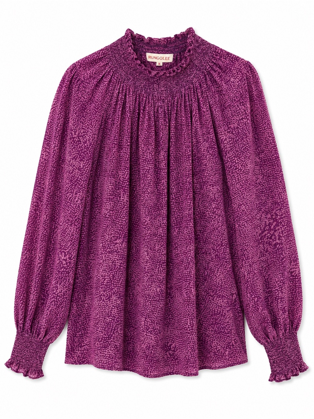 Rungolee Katarina Full Sleeve Blouse 100% Silk Smocked Mock Neck Purple S